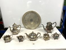 TWO SILVER-PLATED TEA/COFFEE SETS AND A CIRCULAR PLATED DRINKS TRAY