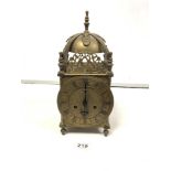 A LATE 19TH CENTURY ENGRAVED AND PIERCED BRASS LANTERN CLOCK WITH PILLAR SUPPORTS AND A GERMAN