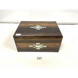 VICTORIAN COROMANDEL AND MOTHER O PEARL INLAID SEWING BOX, 27CMS