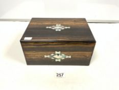 VICTORIAN COROMANDEL AND MOTHER O PEARL INLAID SEWING BOX, 27CMS