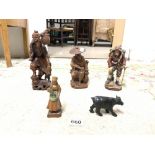 CARVED WOODEN FIGURE OF FISHERMEN AND A BOY, 25CMS AND FOUR OTHER CARVED FIGURES - VARIOUS