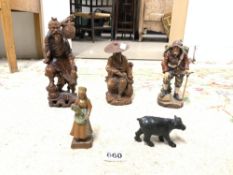 CARVED WOODEN FIGURE OF FISHERMEN AND A BOY, 25CMS AND FOUR OTHER CARVED FIGURES - VARIOUS