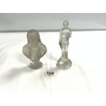 ART DECO MOULDED GLASS FIGURE OF A LADY, 19CMS AND MOULDED GLASS BUST OF MILTON, 16CMS