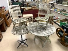 TWO GARDEN WOODEN TABLES ONE WITH A METAL FRAME ALSO TWO LISTER FOLDING GARDEN CHAIRS