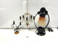 BLACK PAINTED WROUGHT IRON TABLE LAMP WITH MOTTLED FROSTED GLASS SHADE AND A HANGING MID-CENTURY