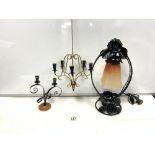 BLACK PAINTED WROUGHT IRON TABLE LAMP WITH MOTTLED FROSTED GLASS SHADE AND A HANGING MID-CENTURY