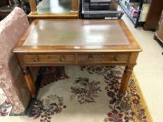 VICTORIAN MAHOGANY TWO DRAWER DESK WITH BROWN TOOLED LEATHER ON ORIGINAL CASTORS, 106 X 72CMS