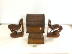 OAK TAMBOUR SHUTTER LETTER CABINET, TAMBOUR SHUTTER CIGARETTE BOX, AND A PAIR OF CARVED EASTERN BIRD