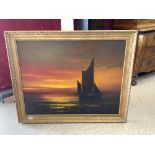 LARGE MODERN GILT FRAMED OIL - SAILING BOAT A SUNSET - SIGNED DION PEARS,90 X 70CMS