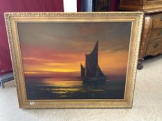 LARGE MODERN GILT FRAMED OIL - SAILING BOAT A SUNSET - SIGNED DION PEARS,90 X 70CMS