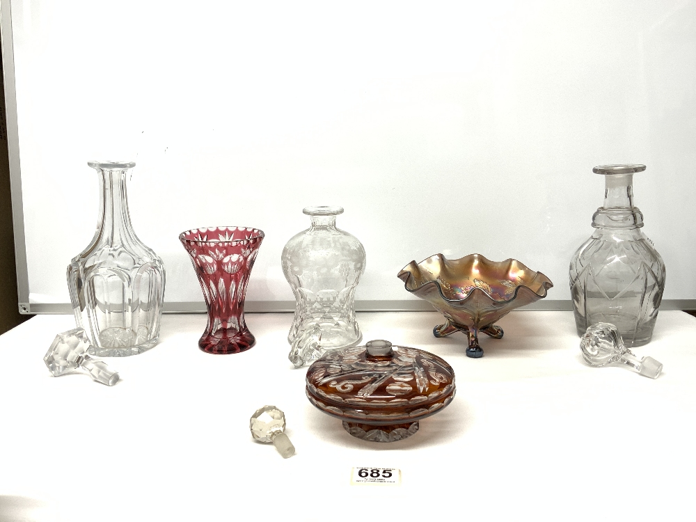 THREE GLASS DECANTERS, RUBY OVERLAY GLASS VASE, WITH JAR AND COVER, A CARNIVAL GLASS BOWL - Image 3 of 5