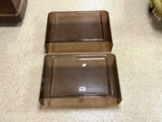 TWO MID-CENTURY ACRYLIC BROWN SMALL COFFEE TABLES, 54 X 33 X 16CMS