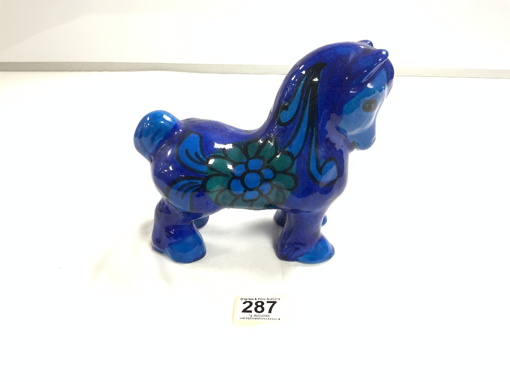 1960'S BELLIN BLUE GLAZED CERAMIC MODEL OF A HORSE, 19 X 21CMS