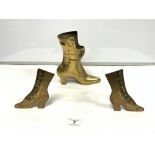 TWO ANTIQUE FOLK ART BRASS SHOE STANDS 1900'S AND A BRASS LADIES BOOT/VASE, 23CMS