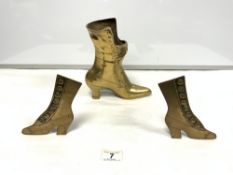 TWO ANTIQUE FOLK ART BRASS SHOE STANDS 1900'S AND A BRASS LADIES BOOT/VASE, 23CMS