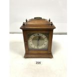 SMALL MAHOGANY BRACKET CLOCK WITH SILVERED AND CHAPTERED DIAL MADE BY EMPIRE ENGLAND, 17.5 X 20CMS