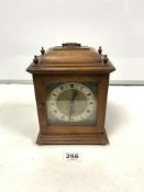 SMALL MAHOGANY BRACKET CLOCK WITH SILVERED AND CHAPTERED DIAL MADE BY EMPIRE ENGLAND, 17.5 X 20CMS