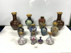 THREE PAIRS OF 20TH CENTURY CLOISONNE VASES, THE TALLEST 26CMS, AND SIX SINGLE CLOISONNE VASES