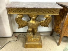 GEORGE II STYLE GILTWOOD EAGLE CONSOLE TABLE WITH PINK MARBLE, 83 X 81 X 39CMS