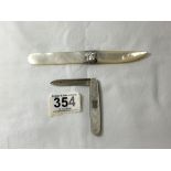 LATE VICTORIAN HALLMARKED SILVER MOUNTED MOTHER OF PEARL PAPERKNIFE, 16CMS WITH A HALLMARKED
