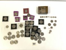 SILVER THREEPENCE COINS, BRACELETS, OTHER SILVER COINS, FIVE SHILLING COINS, AND COMMEMORATIVE