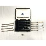 SET OF SIX STERLING SILVER HALLMARKED HANDLED TEA KNIVES IN CASE, AND TEN VARIOUS SILVER HANDLE