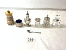 MIXED HALLMARKED SILVER CONDIMENTS INCLUDES HORN PEPPER AND A PERFUME BOTTLE