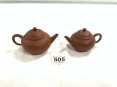 TWO 20TH-CENTURY CHINESE REDWARE POTTERY MINIATURE TEAPOTS WITH WITH LIDS AND CHARACTER MARKS