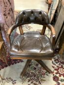 REPRODUCTION MAHOGANY AND GREEN LEATHER SWIVEL DESK CHAIR