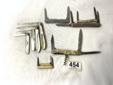 FOUR SILVER AND MOTHER O PEARL FRUIT KNIVES, TWO SILVER HANDLE FRUIT KNIVES, AND FOUR POCKET KNIVES