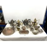 TWO SILVER-PLATED GALLERIED TRAYS, SILVER-PLATED COFFEE SET, ETC