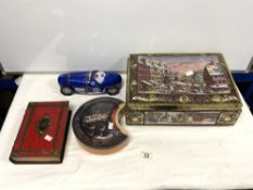 LARGE VINTAGE GERMAN BISCUIT TIN E.OTTO-SCHMIT AND A VICTORIAN BOOKFORM BISCUIT TIN, AND TWO LATER