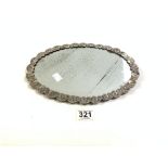 OVAL EMBOSSED WHITE METAL EMBOSSED VANITY MIRROR, STAMPED 800, 31 X 22CMS