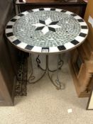 CIRCULAR MOSAIC TOP GARDEN/PATIO TABLE ON WROUGHT IRON BASE, 66 X 70CMS