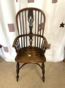 ANTIQUE ELM WINDSOR LYRE BACK CHAIR, WITH STRETCHER