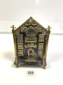 ANTIQUE BRASS AND IRON HOUSE COIN BANK MONEY BOX, 16 X 24CMS