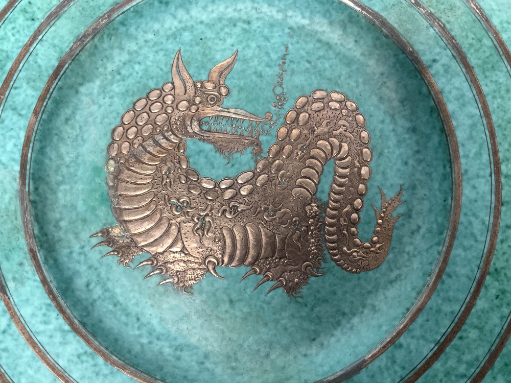 WILHELM KAGE FOR GUSTAVSBERG ARGENTA CERAMIC CHARGER DEPICTING A DRAGON IN SILVER OVERLAY, 34. - Image 3 of 6