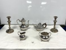SILVER-PLATED FOUR-PIECE TEA SET, A PAIR OF PLATED CANDLESTICKS, AND A CANDELABRA