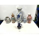 BLUE AND WHITE ORIENTAL DESIGN VASE, 45CMS WITH FOUR OTHER CHINESE STYLE VASES AND A JUG