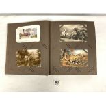 POSTCARD ALBUM CONTAINING MIXED SUBJECTS, HORSES, STREET SCENES, SOME PHOTOGRAPHIC, MILITARY, AND
