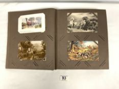 POSTCARD ALBUM CONTAINING MIXED SUBJECTS, HORSES, STREET SCENES, SOME PHOTOGRAPHIC, MILITARY, AND