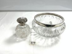 HALLMARKED SILVER TOPPED CUT GLASS SCENT BOTTLE,AND A CUT GLASS FRUIT BOWL WITH A HALLMARKED