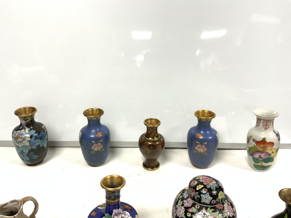 PAIR OF 20TH CENTURY BLUE GROUND CLOISONNE VASES, 15CMS, FIVE OTHER CLOISONNE VASES, A CERAMIC - Image 3 of 4