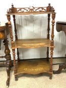 VINTAGE THREE TIER BOOKCASE WITH MARQUETRY INLAY AND FRETWORK, 90CMS