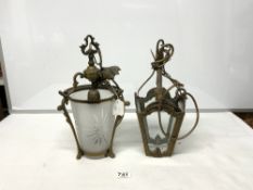 TWO FRENCH 1950'S BRASS AND FROSTED GLASS HANGING LANTERNS