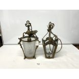 TWO FRENCH 1950'S BRASS AND FROSTED GLASS HANGING LANTERNS