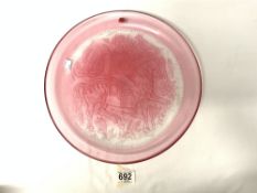 MURANO - MAKER - ARCHIMEDE SEGUSO, CIRCULAR CRANBERRY GLASS PLATTER WITH RAISED FIGURE ON