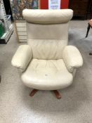 CREAM LEATHER RECLINING ARMCHAIR ON WOOD SUPPORTS