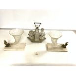 A PAIR OF 1930'S CORNUCOPIA GLASS VASES WITH SEA SERPENT HOLDERS ON MARBLE BASES, 16 X 17CMS, AND