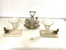 A PAIR OF 1930'S CORNUCOPIA GLASS VASES WITH SEA SERPENT HOLDERS ON MARBLE BASES, 16 X 17CMS, AND